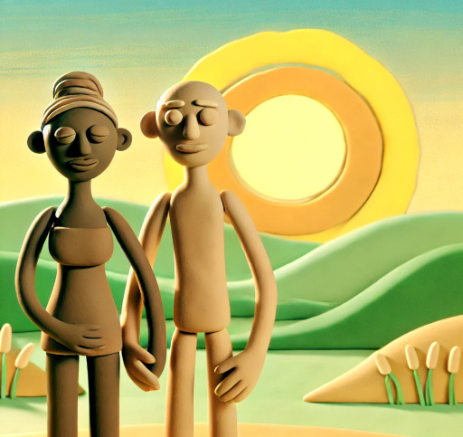 Illustration of a happy couple standing together, looking at a sunrise over a peaceful landscape, symbolizing new beginnings and the journey towards conception.