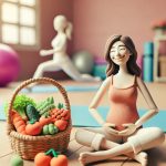 Woman in her 30s holding a basket of fertility-boosting foods with yoga equipment nearby, symbolizing a healthy lifestyle to improve fertility.