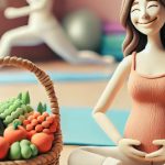 Woman in her 30s holding a basket of fertility-boosting foods with yoga equipment nearby, symbolizing a healthy lifestyle to improve fertility.