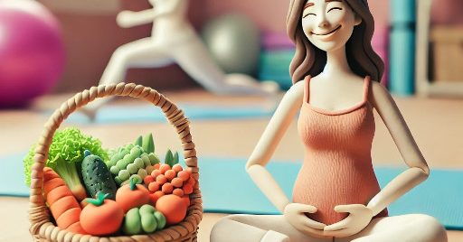 Woman in her 30s holding a basket of fertility-boosting foods with yoga equipment nearby, symbolizing a healthy lifestyle to improve fertility.