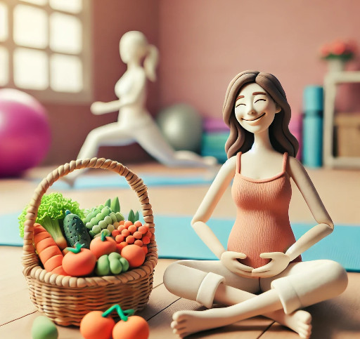 Woman in her 30s holding a basket of fertility-boosting foods with yoga equipment nearby, symbolizing a healthy lifestyle to improve fertility.