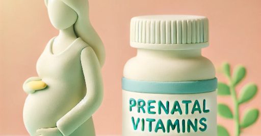 Claymation-style image of a pregnant woman holding a bottle of prenatal vitamins, symbolizing the use of prenatal vitamins during pregnancy.