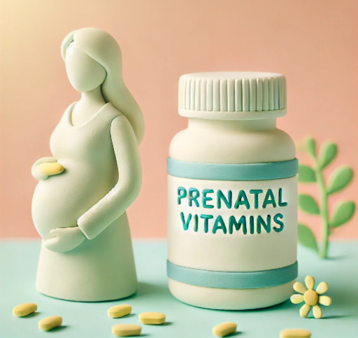 Claymation-style image of a pregnant woman holding a bottle of prenatal vitamins, symbolizing the use of prenatal vitamins during pregnancy.