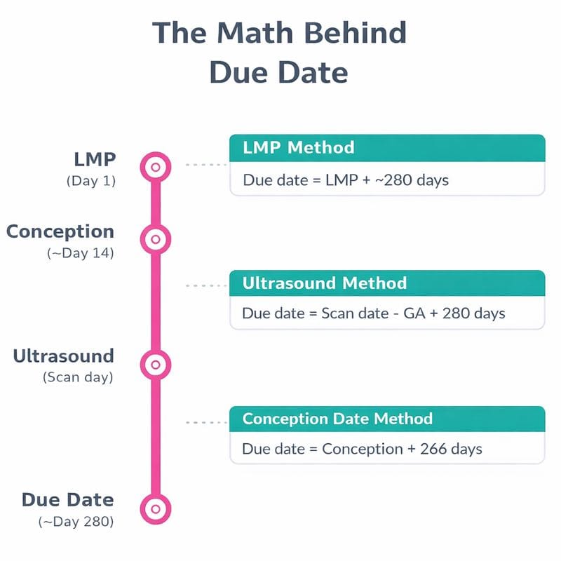 Infographic showing a pregnancy timeline (LMP, conception, ultrasound scan, due date) and three due date formulas: LMP + ~280 days, scan date - GA + 280 days, conception + 266 days.