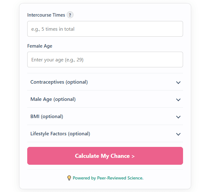 Screenshot showing the Advanced Pregnancy Chance Calculator and it's many inputs that allow for a more precise and personalized pregnancy chance estimate. 