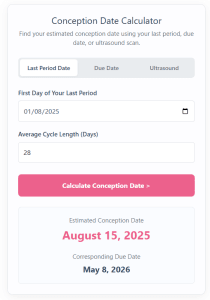 A screenshot of the multi-tab Conception Date Calculator, showing the different input fields for Last Period Date, Due Date, and Ultrasound.