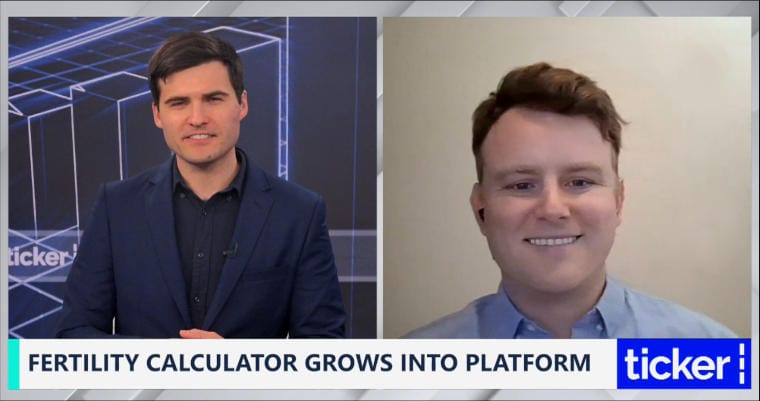 Screenshot of a Ticker News segment titled ‘Fertility calculator grows into platform,’ showing a split-screen interview about Pregnancy Chance Calculator.