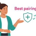 Illustration of a woman gesturing to a shield with a plus sign and check marks; headline reads “Best pairings”.