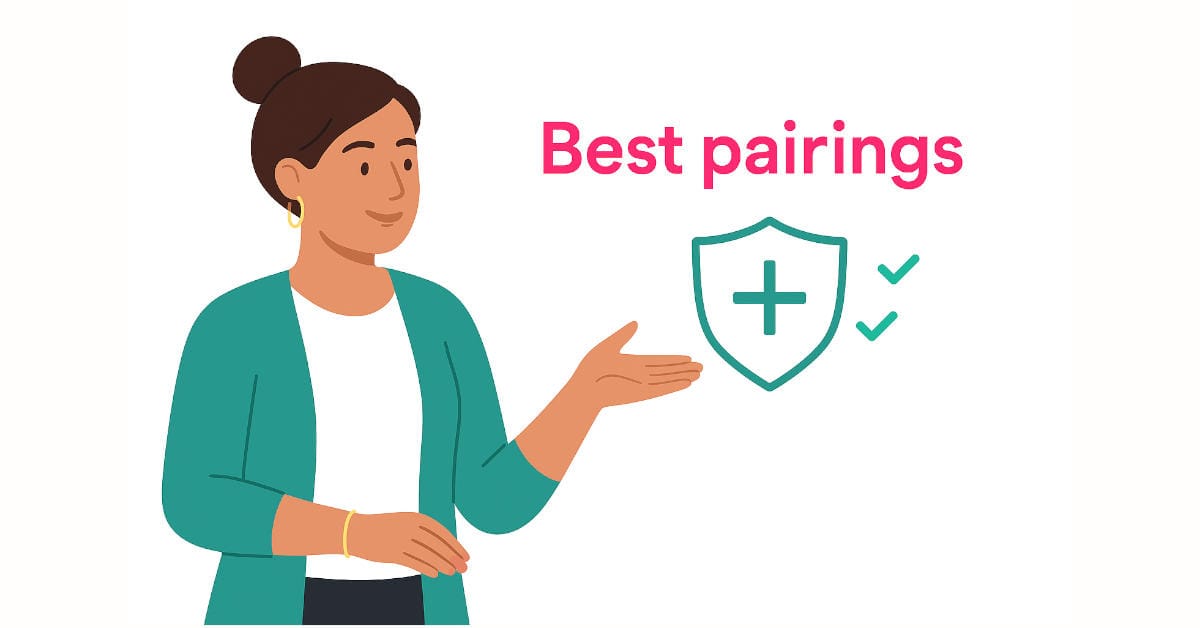 Illustration of a woman gesturing to a shield with a plus sign and check marks; headline reads “Best pairings”.