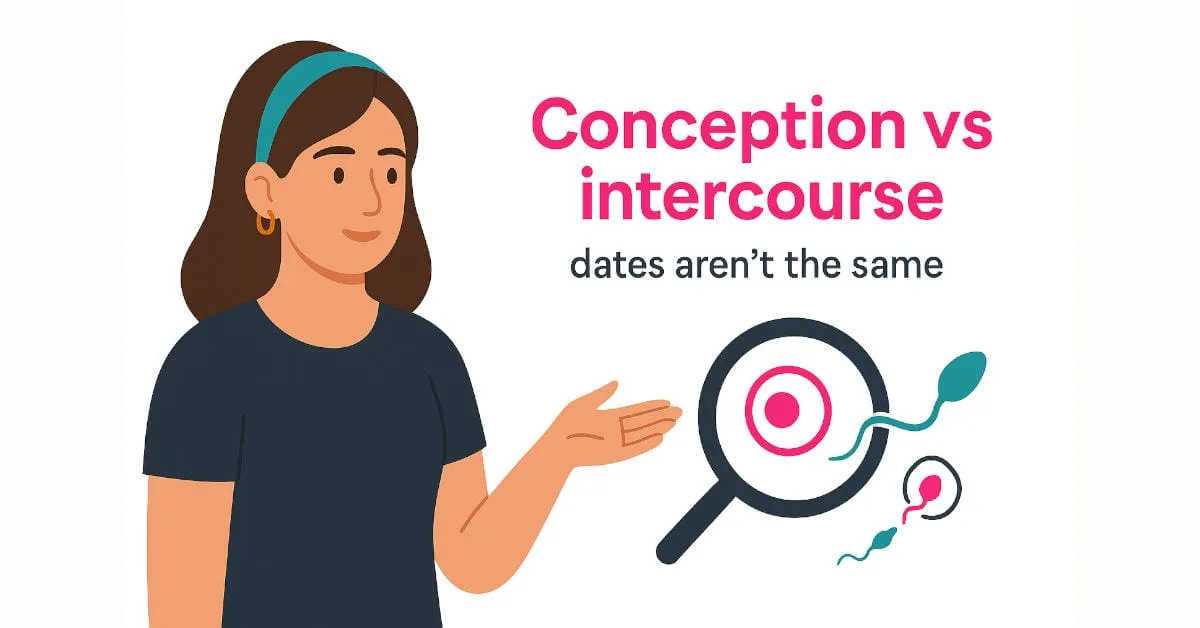 Illustration of a woman presenting a calendar with icons to show that conception and intercourse dates can differ.