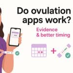 Illustration of a woman comparing an ovulation app on her phone with an LH test; headline reads “Do ovulation apps work?”.