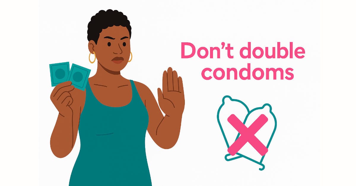 Illustration of a woman holding two condoms and raising a stop hand with the headline “Don’t double condoms”.
