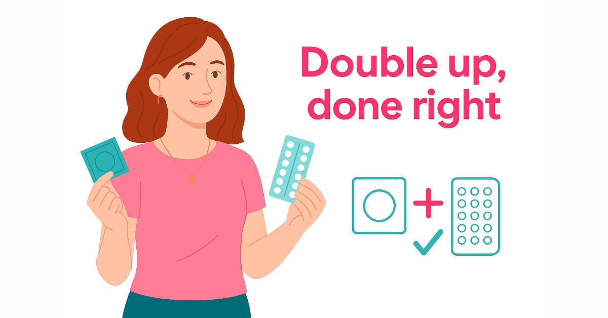 Illustration of a woman holding a condom and a pill pack with the headline “Double up, done right”.