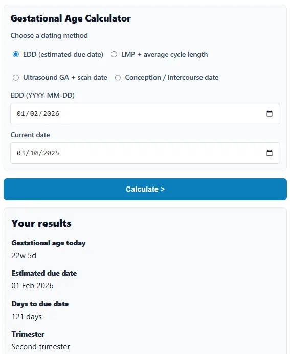 Screenshot of the Gestational Age Calculator with inputs for last period date and cycle length, showing gestational age in weeks and days and an estimated due date.
