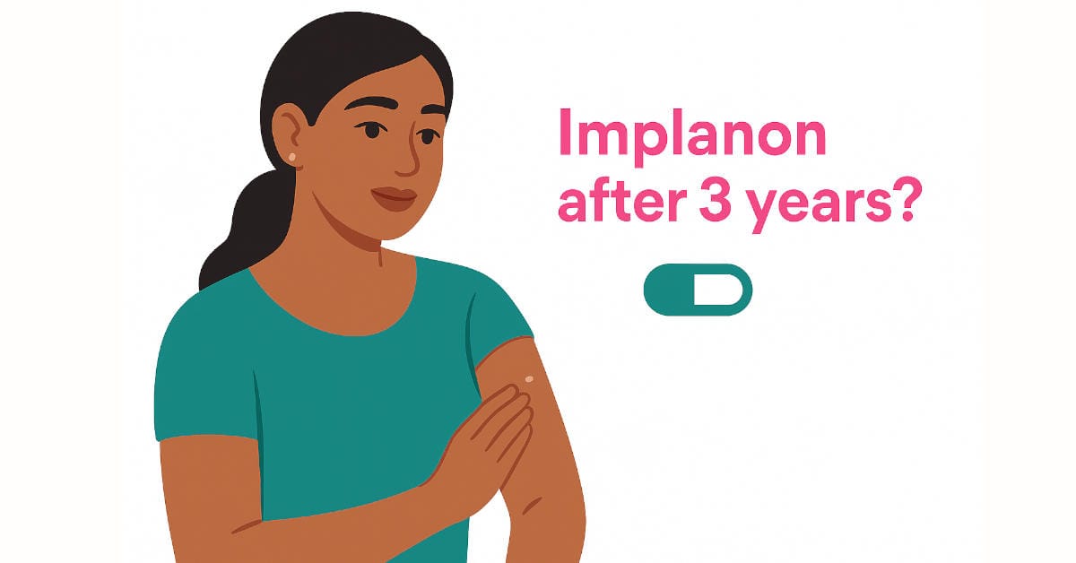 Illustration of a woman touching her upper arm at the implant site with the headline “Implanon after 3 years?”