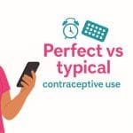 Illustration of a woman checking her phone while holding a pill pack with the headline “Perfect vs typical contraceptive use”.