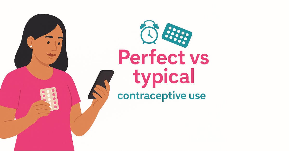 Illustration of a woman checking her phone while holding a pill pack with the headline “Perfect vs typical contraceptive use”.