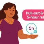 Illustration of a woman holding up five fingers beside a “5h” clock badge with the headline “Pull-out & the 5-hour rule”.