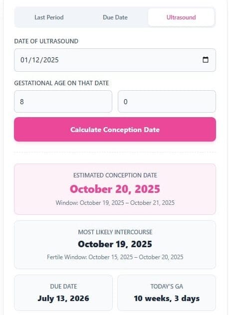User interface of the Conception Date Calculator showing inputs for Last Period, Due Date, and Ultrasound dating methods.