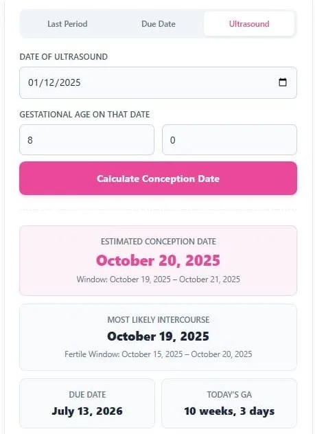 User interface of the Conception Date Calculator showing inputs for Last Period, Due Date, and Ultrasound dating methods.