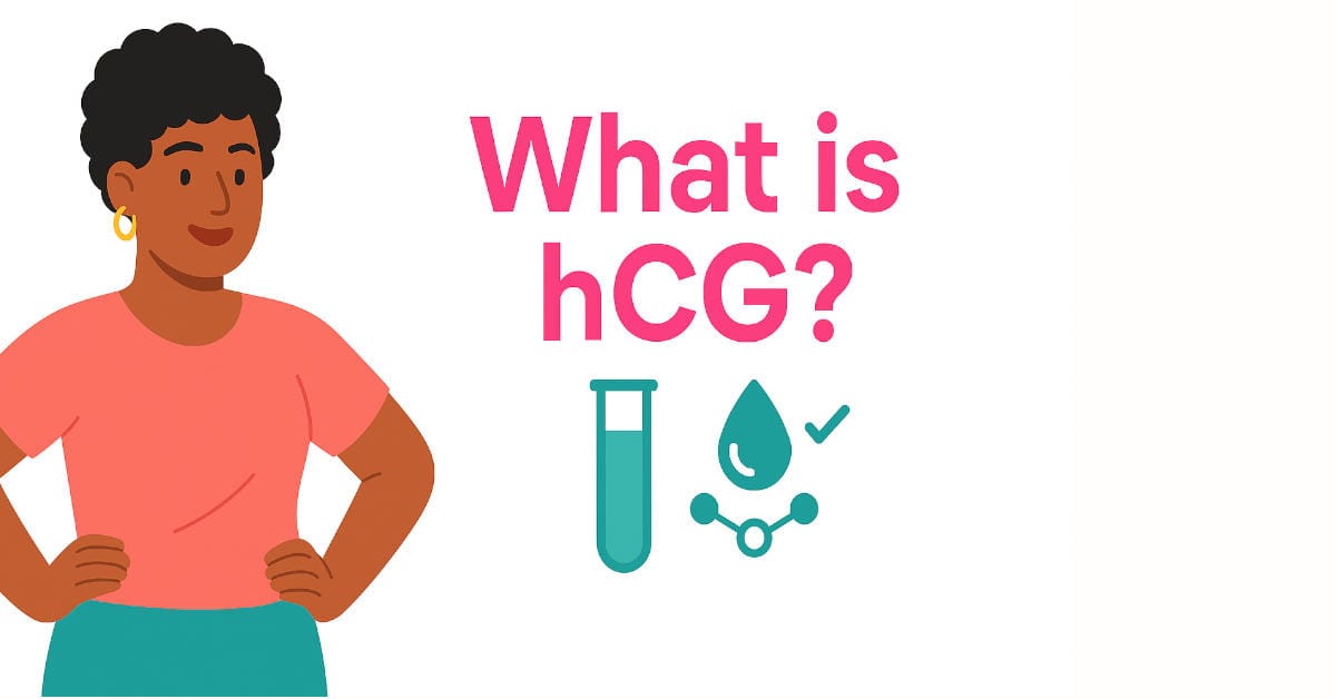 Illustration of a person with hands on hips next to a medical shield icon; feature art for “What is hCG?”